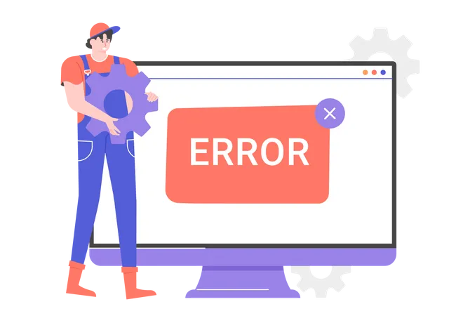 Expert mechanic near the monitor screen with an error message  Illustration
