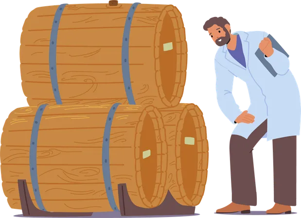 Experto en vinos inspecciona barriles de madera en bodega  Ilustración