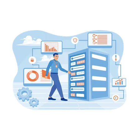 Los expertos en TI revisan y mantienen la sala de servidores  Ilustración