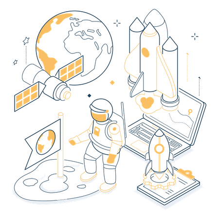 Exploração espacial - ilustração isométrica de linha preta e amarela  Ilustração