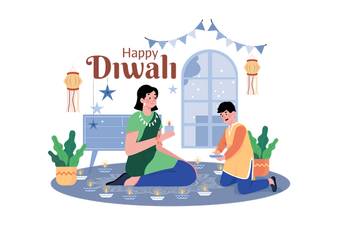 Família segurando Diya durante Diwali  Ilustração