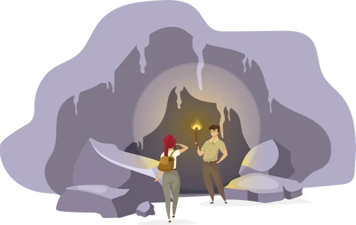 Exploradores Em Ilustracao Vetorial Plana De Caverna Grupo De Expedicao Dentro Da Velha Montanha Homem De Pe Com Tocha Mulher Observando Tunel Viagem A Caverna Antiga Personagens De Desenhos Animados De Turistas Ilustração