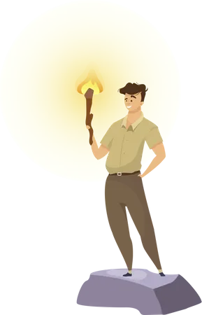 Explorer Flat Color Vector Illustration Male Adventurer With Torch Man Standing With Flambeau Venturer Smiling Trailblazer In Khaki Uniform Tourist Isolated Cartoon Character On White Background Illustration