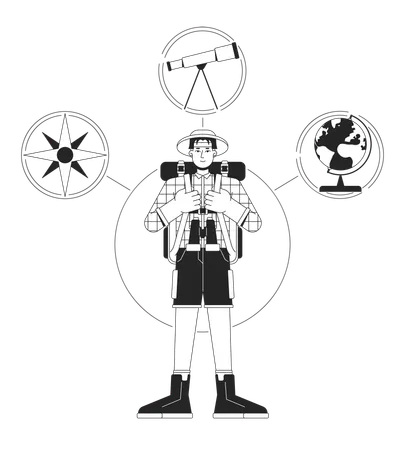 Explorer Person Archetype Bw Concept Vector Spot Illustration Traveler With Backpack 2 D Cartoon Flat Line Monochromatic Character For Web UI Design Psychology Editable Isolated Outline Hero Image Illustration