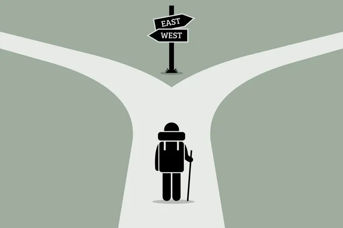 Explorer reaching a split road trying to make decision on where to go next  Illustration