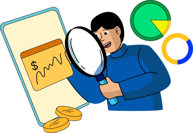 An Illustration Showing A Man Using A Magnifying Glass To Closely Examine A Financial Chart Displayed On A Large Smartphone With Pie Charts And Gold Coins Surrounding Him This Represents Detailed Financial Analysis Or Personal Finance Management Illustration
