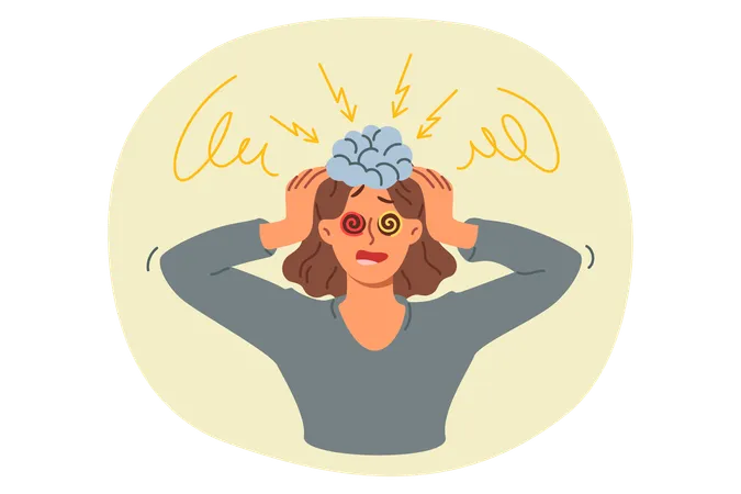 Explosão cerebral de mulher chocada segurando a cabeça devido a problemas de estabilidade psicológica  Ilustração