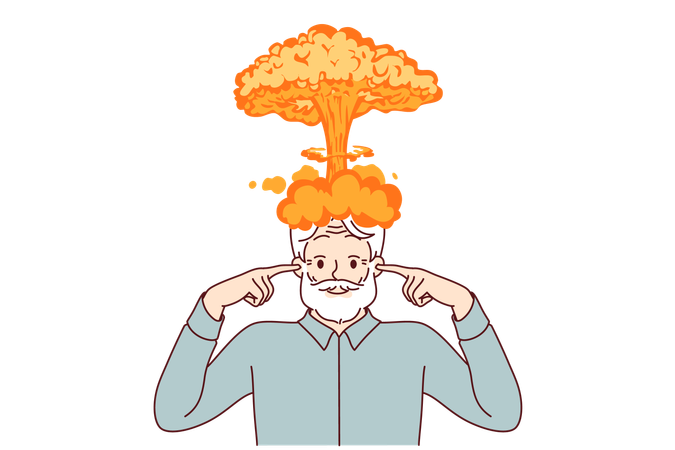 Explosión cerebral en un anciano que sufrió una grave tensión intelectual y se tapó los oídos.  Ilustración