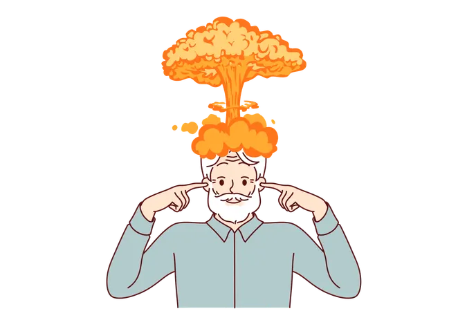 Explosión cerebral en un anciano que sufrió una grave tensión intelectual y se tapó los oídos.  Ilustración