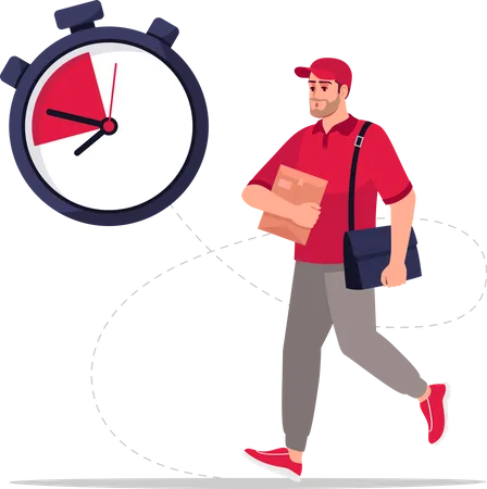 Fast Mail Delivery Semi Flat RGB Color Vector Illustration Mail Carrier Stopwatch For Express Shipping Caucasian Male Courier In Red Uniform Isolated Cartoon Character On White Background Illustration