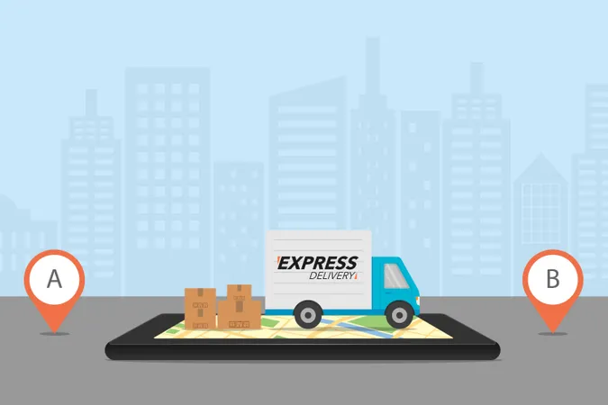 Express Delivery Concept Delivery Service App On Mobile Phone Delivery Truck With Cardboard Box On Mobile Phone And City Background Vector Illustration Illustration