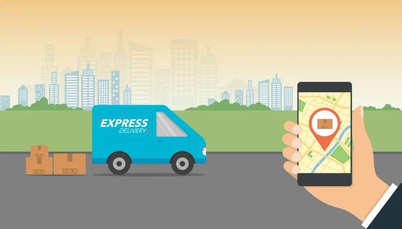 Express Delivery Concept Delivery Service App On Mobile Phone In Hand Delivery Van And Mobile Phone With City Background Vector Illustration Illustration