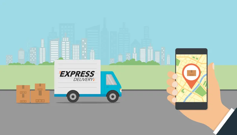 Express Delivery Concept Delivery Service App On Mobile Phone In Hand Delivery Truck And Mobile Phone With City Background Vector Illustration Illustration