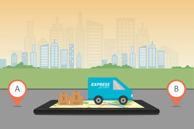 Express Delivery Concept Delivery Service App On Mobile Phone Delivery Van With Cardboard Box On Mobile Phone And City Background Vector Illustration Illustration