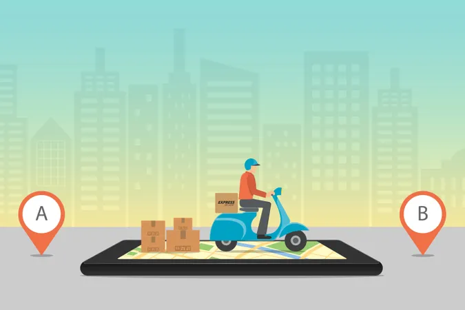 Express Delivery Concept Delivery Service App On Mobile Phone Delivery Scooter Motorcycle With Cardboard Box On Mobile Phone And City Background Vector Illustration Illustration