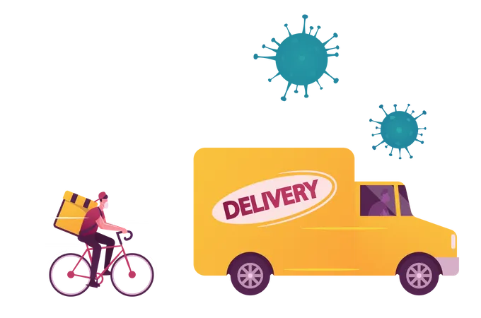 Courier Characters Delivering Food Products To Customer On Bike And Car Express Delivery Service During Coronavirus Pandemic Goods Shipping And Transportation To Clients Cartoon Vector Illustration Illustration
