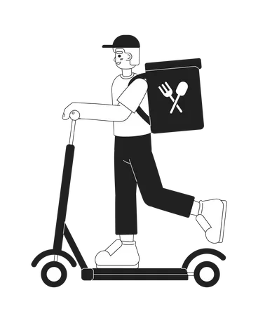 Food Delivery Service Worker On E Scooter Monochromatic Flat Vector Character Editable Thin Line Full Body Person Simple Bw Cartoon Spot Image For Web Graphic Design Animation Hand Drawn Drawing Illustration