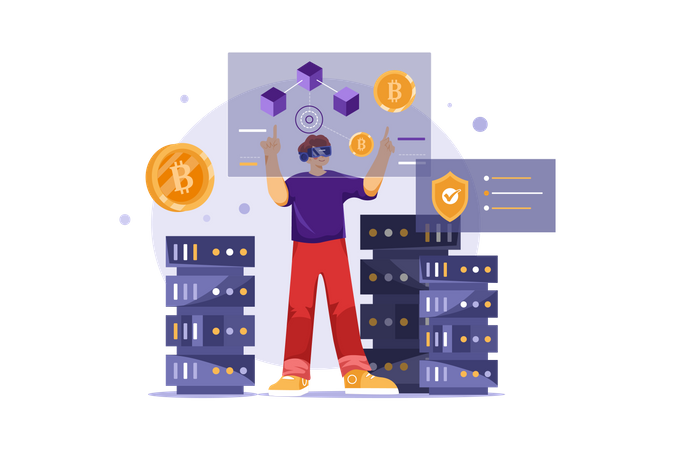 Extraction de bitcoins en utilisant la réalité virtuelle  Illustration