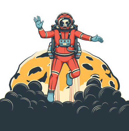 Un astronaute extraterrestre avec un jetpack vole autour de la lune  Illustration