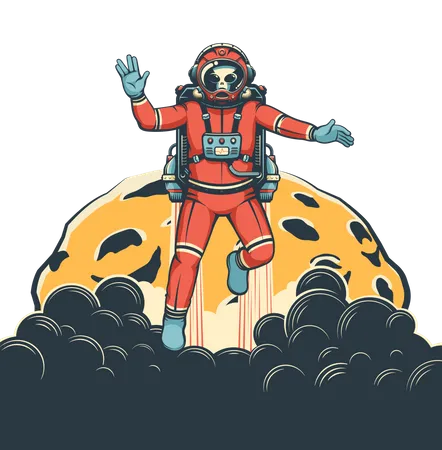 Un astronaute extraterrestre avec un jetpack vole autour de la lune  Illustration