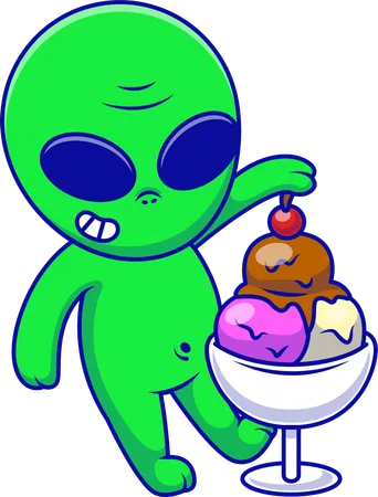 Alien poniendo cereza encima de un helado  Ilustración