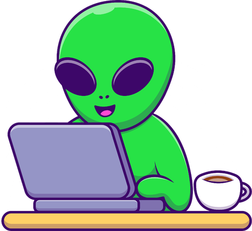 Extraterrestre travaillant sur un ordinateur portable  Illustration