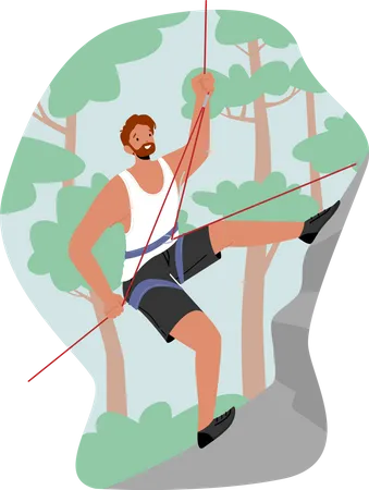 Extreme Sportsman Climb Mountain With Rope Man Climbing Isolated On White Background Male Character Sport Weekend In Adventure Park Tough And Healthy Discipline Cartoon People Vector Illustration 일러스트레이션