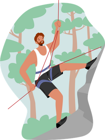 Extreme sportsman climb mountain with rope  Illustration
