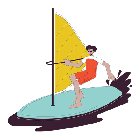 Extreme Windsurfing Sport Flat Line Vector Spot Illustration Swimwear Latino Man Surfing With Sail 2 D Cartoon Outline Character On White For Web UI Design Editable Isolated Colorful Hero Image Illustration