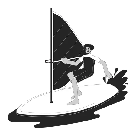 Extreme Windsurfing Sport Bw Vector Spot Illustration Swimwear Latino Man Surfing With Sail 2 D Cartoon Flat Line Monochromatic Character For Web UI Design Editable Isolated Outline Hero Image Illustration