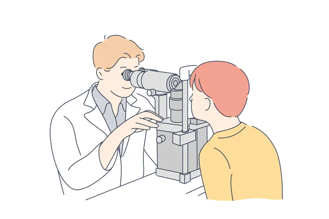 Ophthalmology Medicine Examination Concept Young Man Doctor Optician Or Oculist Cartoon Character Checking Boy Child Kid Vision Acuity Or Eyeground In Lab Healthcare And Medical Help Illustration Illustration