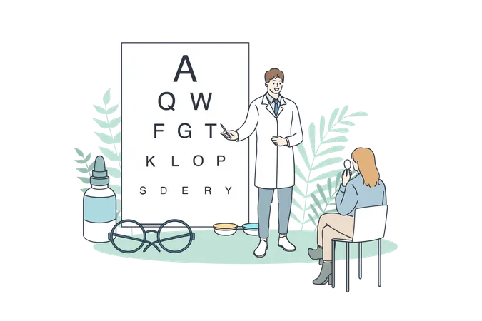 Ophthalmology And Ophthalmologist Concept Young Man Doctor Ophthalmologist Making Eye Test Using Chart For Sitting Woman Patient Vector Illustration Illustration