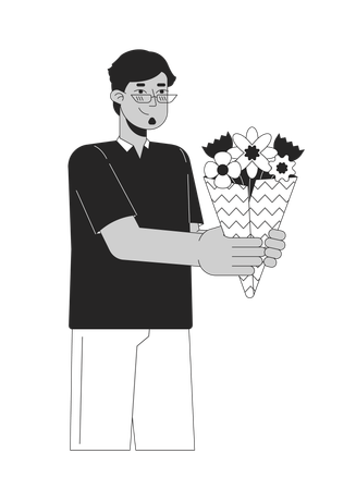 Eyeglasses arab man gifting bouquet flowers  イラスト