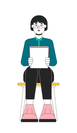 Eyeglasses Asian Woman Job Applicant 2 D Linear Cartoon Character Corporate Korean Female Sitting Isolated Line Vector Person White Background Professional Workplace Color Flat Spot Illustration Illustration