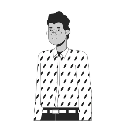 Eyeglasses Indian Man In Designer Shirt Black And White 2 D Line Cartoon Character Relaxed Posing Isolated Vector Outline Person Smiling South Asian Guy Glasses Monochromatic Flat Spot Illustration Illustration
