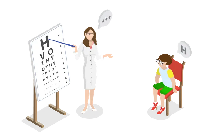 3 D Isometric Flat Vector Conceptual Illustration Of Kids Myopia Eyes Examination Or Checkup Illustration