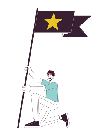 Fã asiático segurando bandeira com estrela  Ilustração