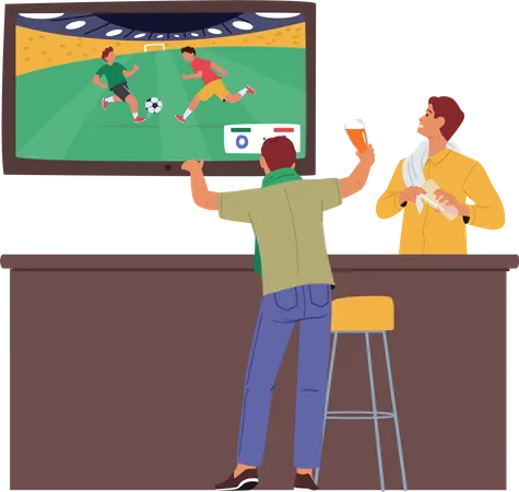 Fã assistindo jogo de futebol em bar de cerveja  Ilustração