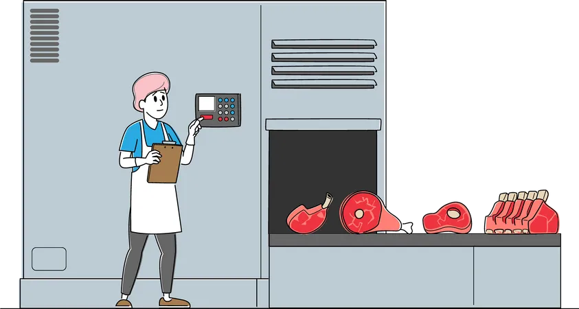 Botão de pressão da trabalhadora da fábrica de carne para correia transportadora de controle com produção de carne bovina  Ilustração