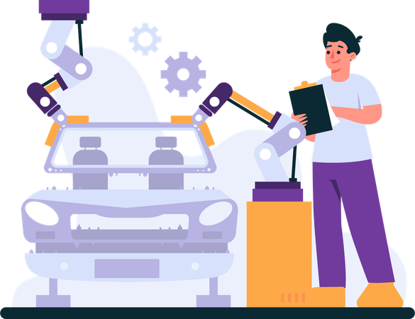 Fabricação de automóveis usando robôs  Ilustração