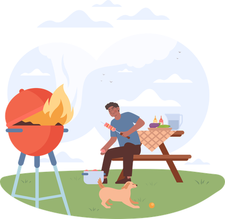 Homme préparant de la nourriture pour barbecue  Illustration