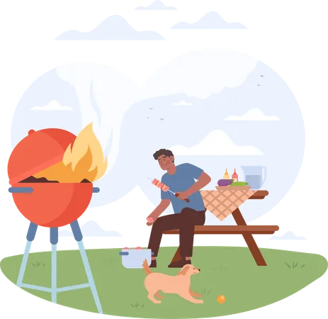 Homme préparant de la nourriture pour barbecue  Illustration