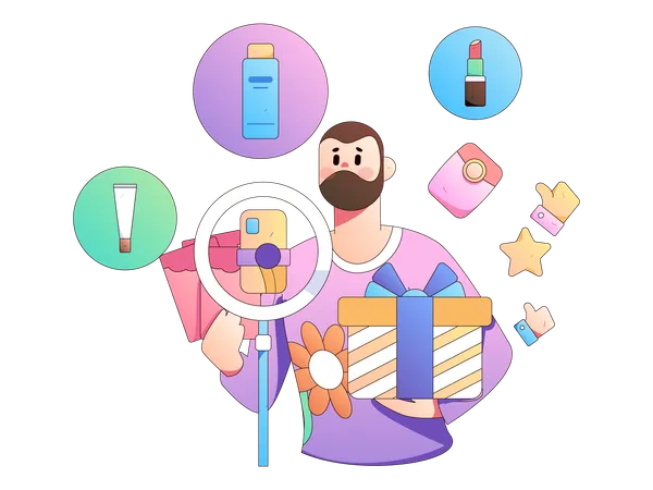 Homme fabriquant une vidéo sur un produit cosmétique  Illustration