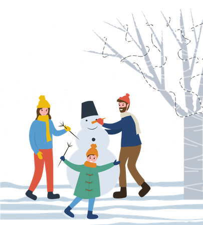 Famille faisant un bonhomme de neige dans le parc  Illustration