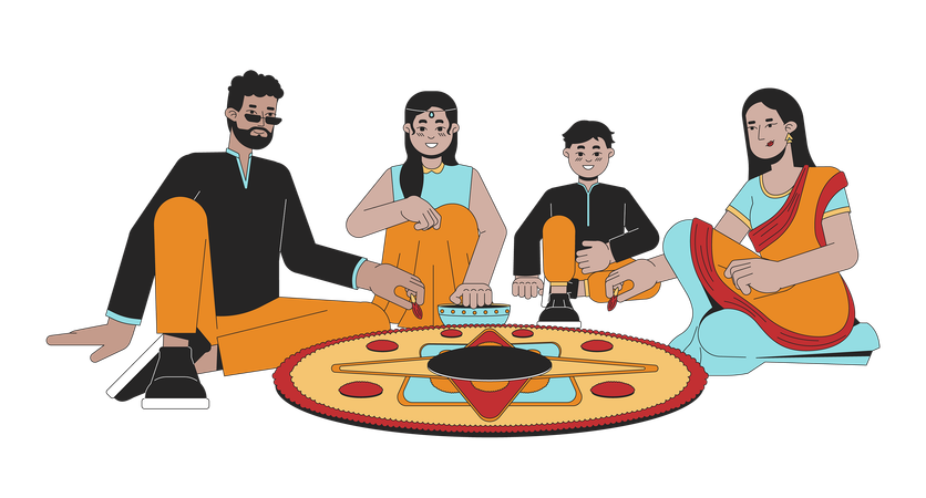 Famille indienne préparant le rangoli de Diwali  Illustration