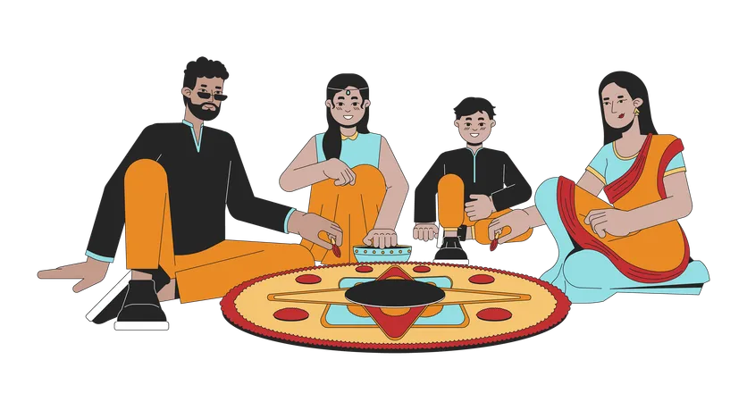 Famille indienne préparant le rangoli de Diwali  Illustration