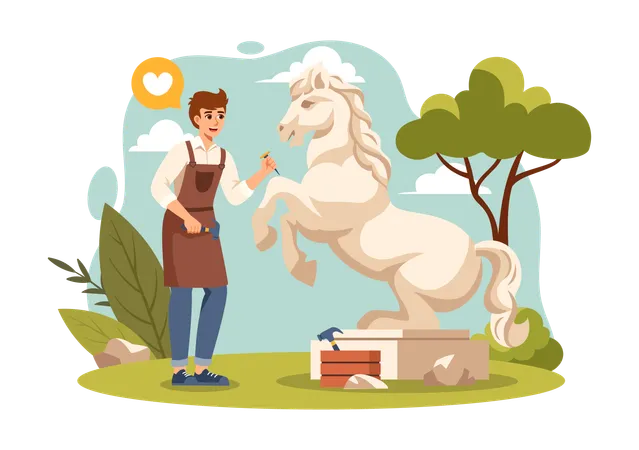 Homme faisant une sculpture en pierre de cheval  Illustration