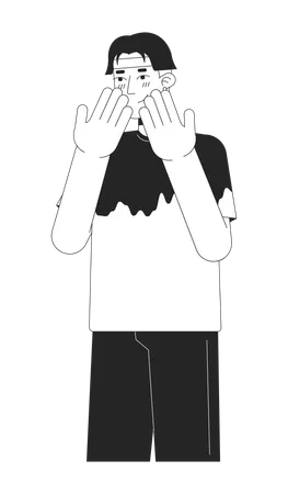 Face Covering Embarrassed Korean Young Man Black And White 2 D Line Cartoon Character Gen Z Asian Male Isolated Vector Outline Person Expressing Positive Feeling Monochromatic Flat Spot Illustration Illustration