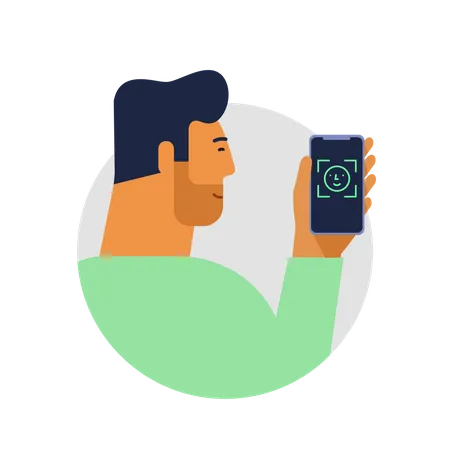 Vector Illustration Of A Young Man Holding A Phone In His Hand Scanning Face With The Help Of Security Technology There Is A Linear Icon Face ID On The Screen Phone Illustration