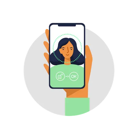 Vector Illustration Of A Hand Holding A Phone With A Womans Face On The Screen And Face ID Scanning Illustration